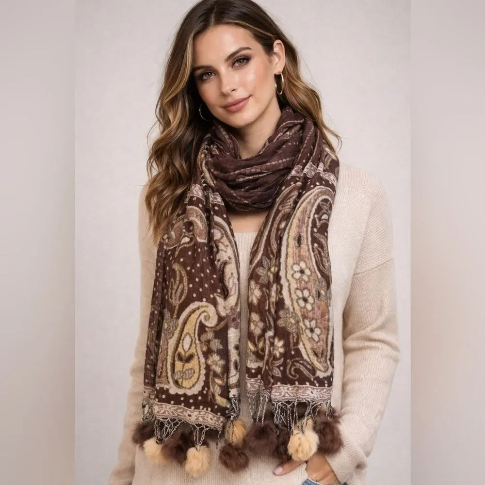 Boho Spanish Paisley Knit Scarf with Rabbit Fur Pom Poms – Brown / Tan – 62”